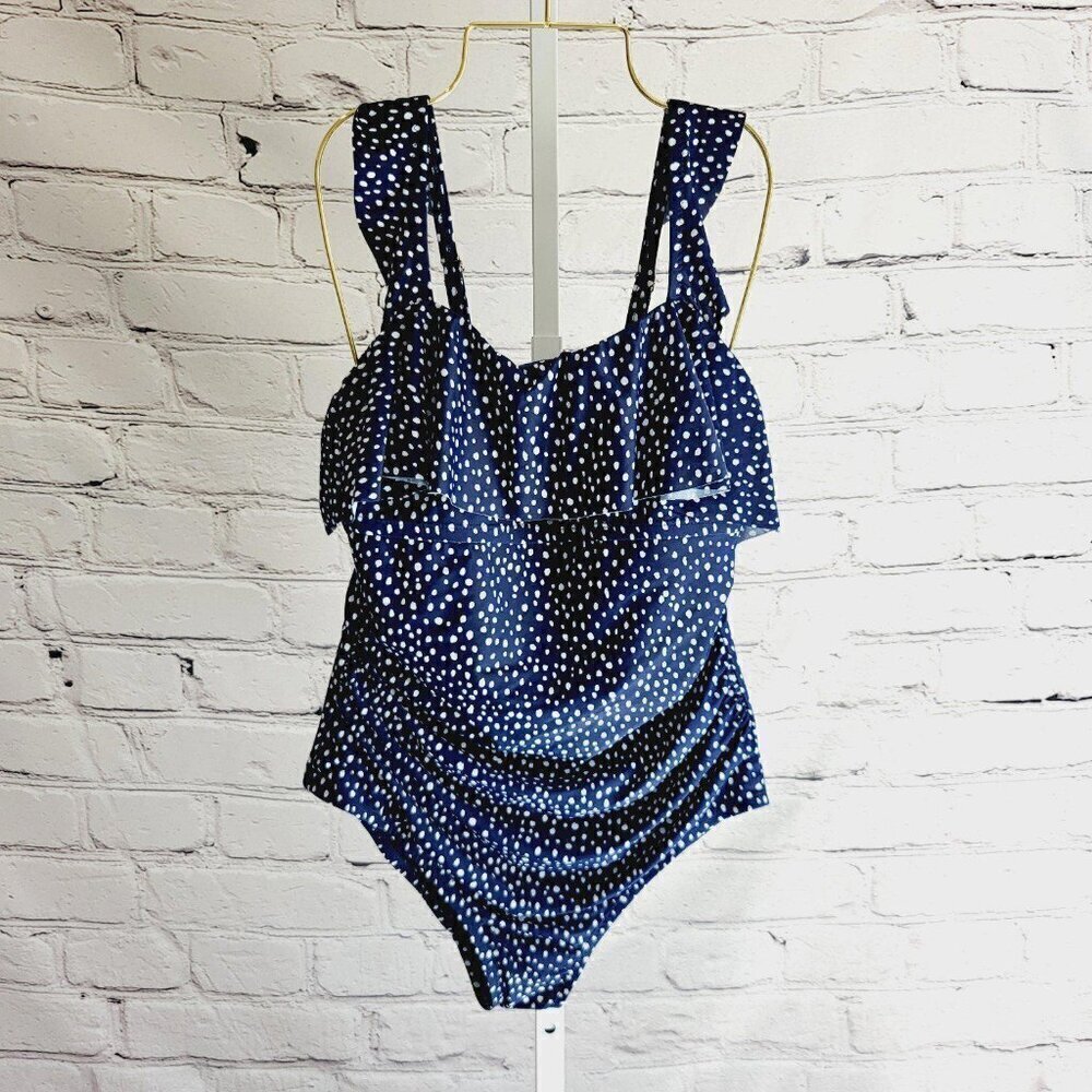 Kona Sol Women's Polka Dot Ruffle Shoulder One Piece Swimsuit, BT7-T - Picture 2 of 5